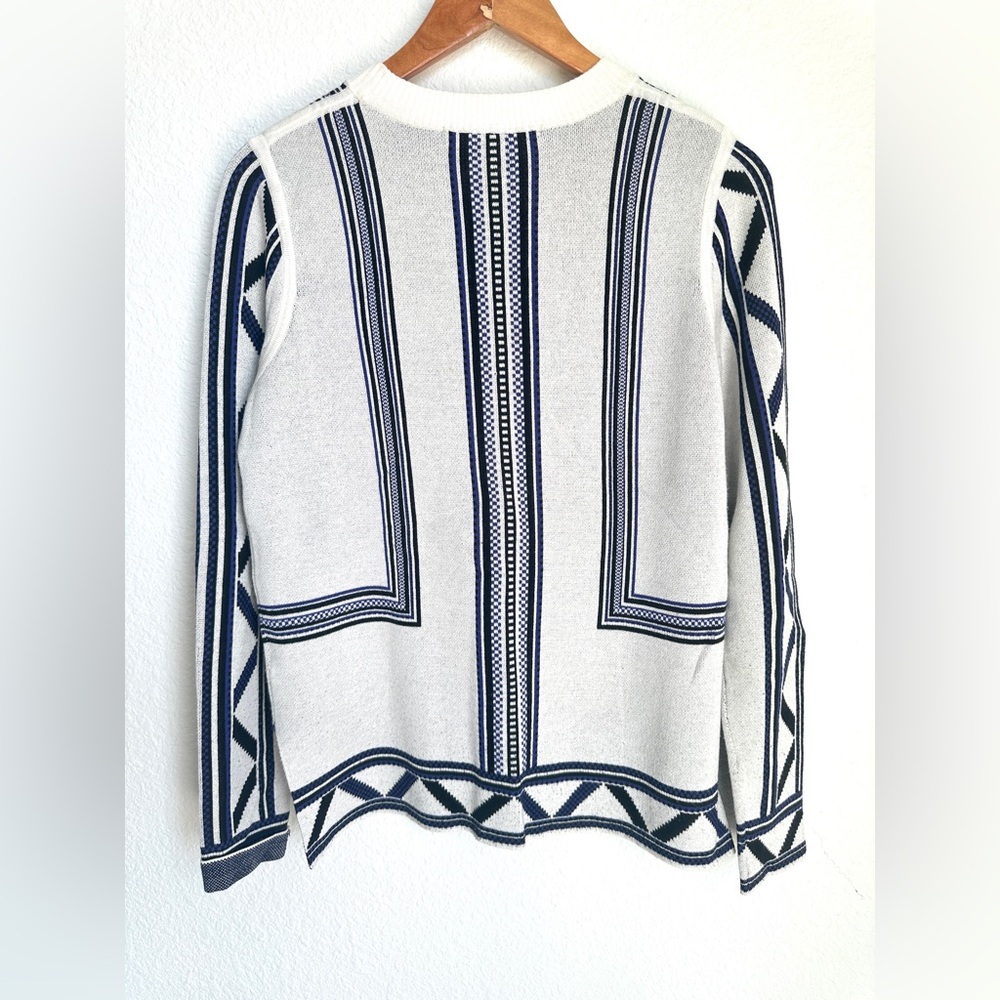 Veronica Beard Geometric‎ Knit Crewneck Sweater Ivory Navy Size Medium - Picture 6 of 12